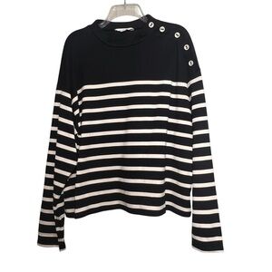 Garnet Hill Size XL Vintage Knit Mock-Neck Top Black Stripe L/S Organic Cotton